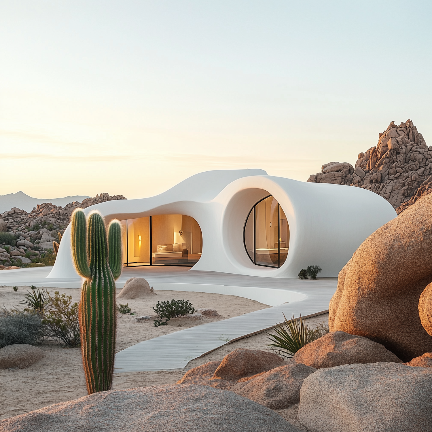 Sculptural white house in a desert landscape at dusk